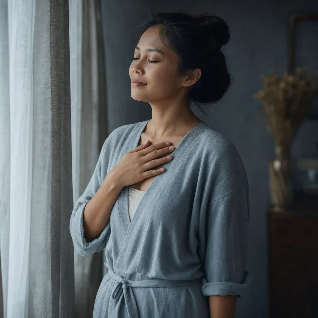Seorang ibu berdiri di dekat jendela dengan cahaya lembut, mata terpejam dan tersenyum tenang
