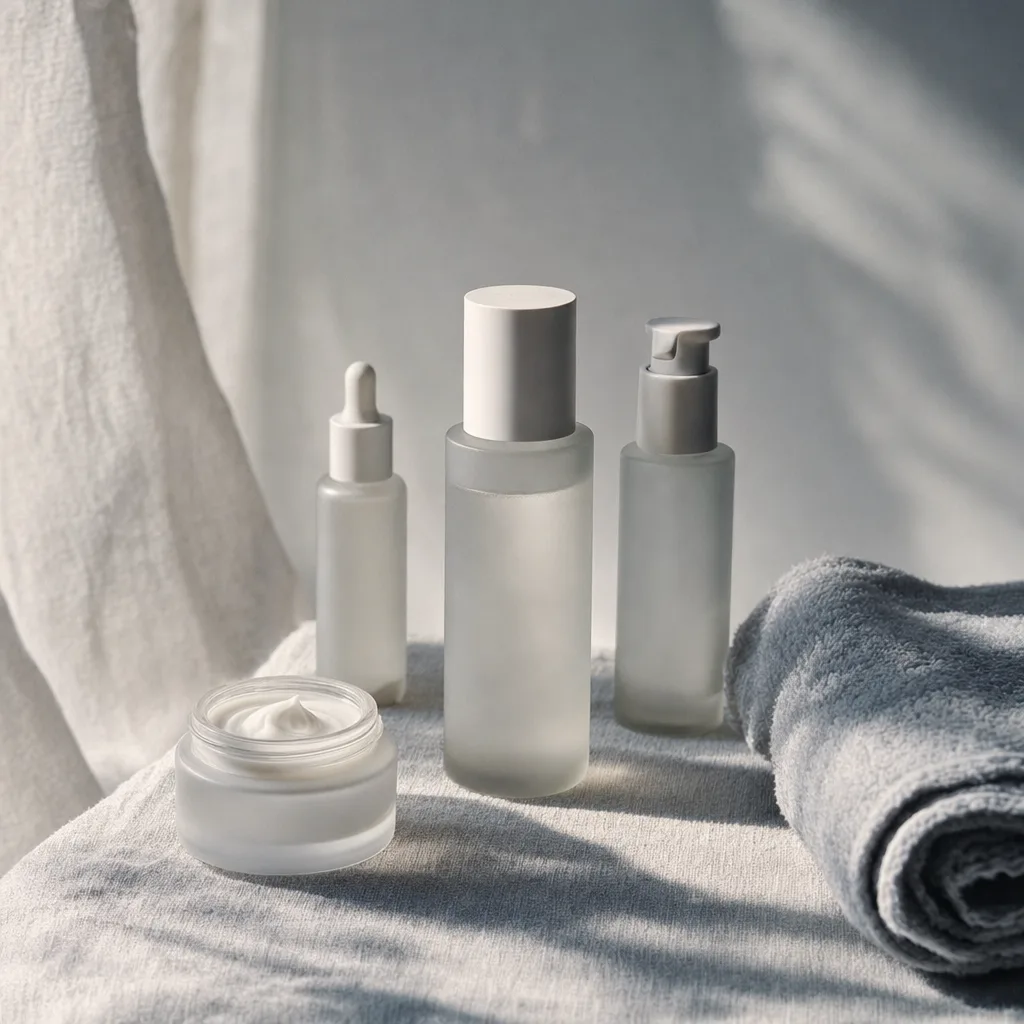 Beberapa botol skincare minimal dan satu wadah krim di atas permukaan linen