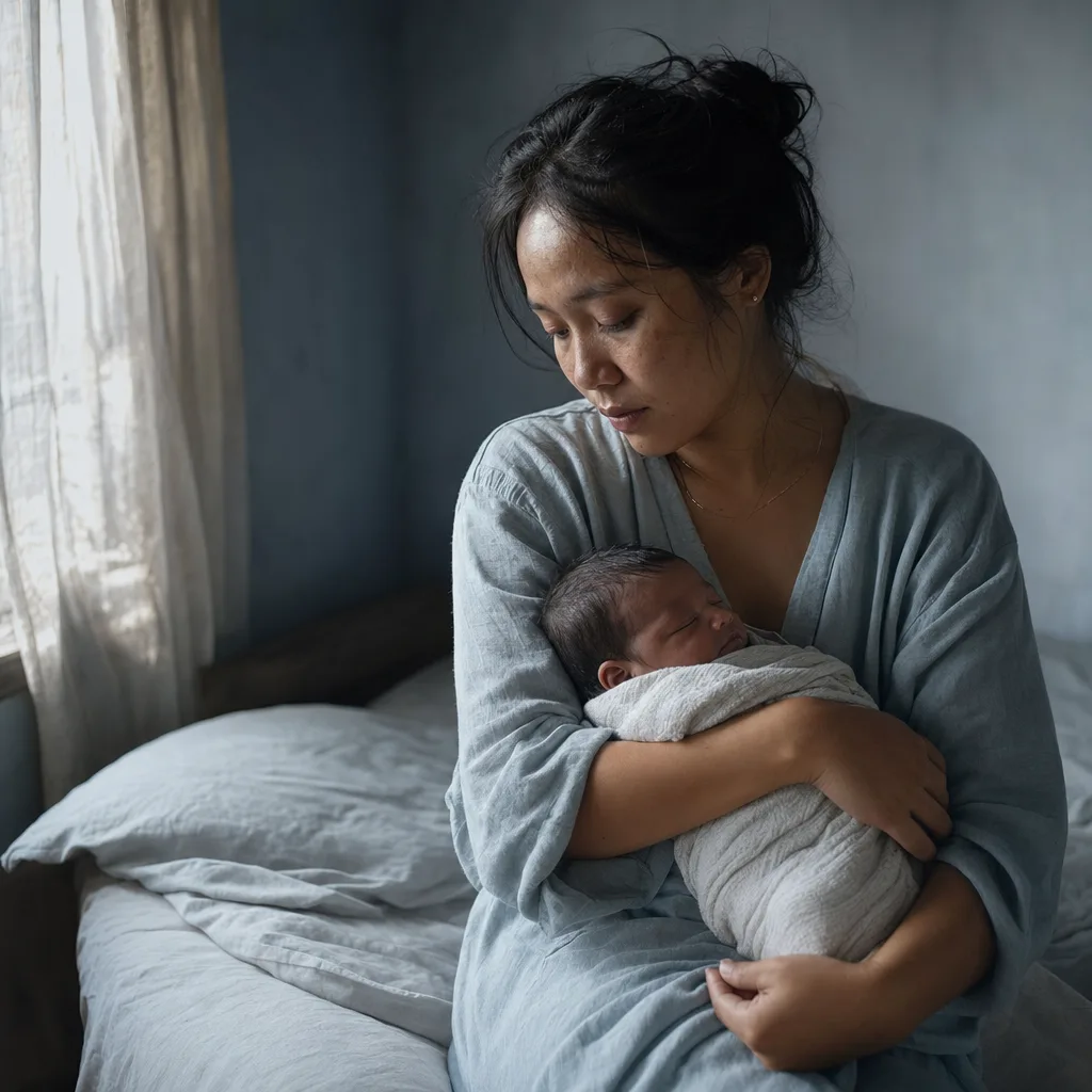 Seorang ibu duduk di tepi tempat tidur saat cahaya pagi, menggendong bayinya yang tertidur